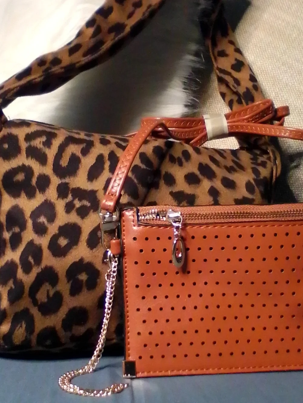 Leopard Print Shoulder Bag with Tan Perforated Wristlet